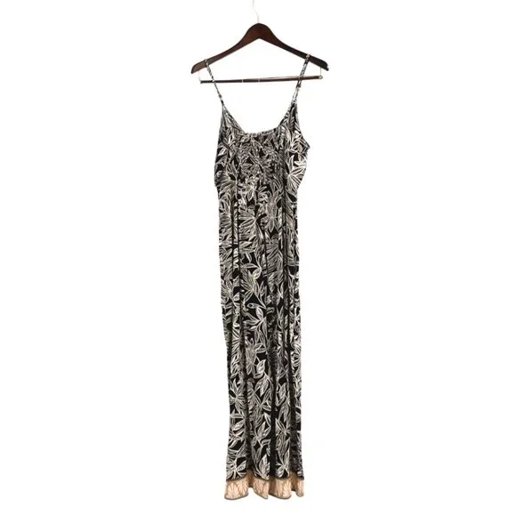 Zara Womens Large Sleeveless Maxi Dress Linen Blend Black White Leaf Print Chic - Picture 3 of 11